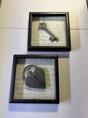 2 Shadow Box Frames Heart Lock And Key Approximately 9 1/2 x 9 1/2 Inches