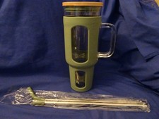 Glass Tumbler with Lid and Straw 46 oz Iced Coffee Cup with Handle Bamboo Straws