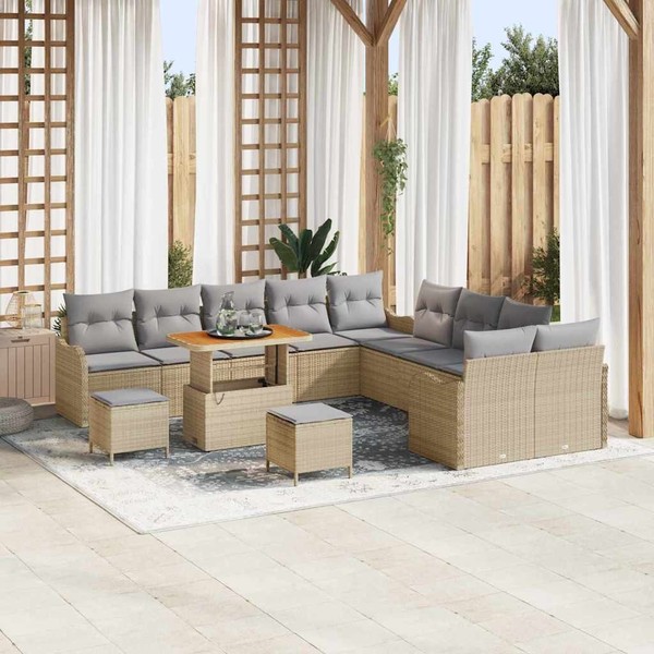 13-Teilige Garten Sofa Set Mit Kissen Beige Poly Rattan Akazie, 2-Sitzer Garten-image
