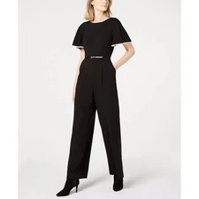 Calvin Klein Black Flutter Sleeve Wide Leg Jumpsuit Women Size 2 Dressy Formal