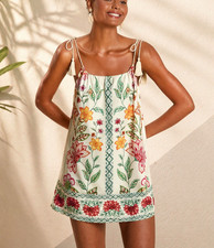 Womens Floral Print Sleeveless Beach Cover Up Tassel Strap Summer Mini Dress