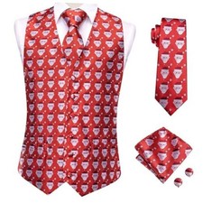 Christmas Vest and Tie Set For Mens Print Shiny Suit Waistcoat Small Red Santa