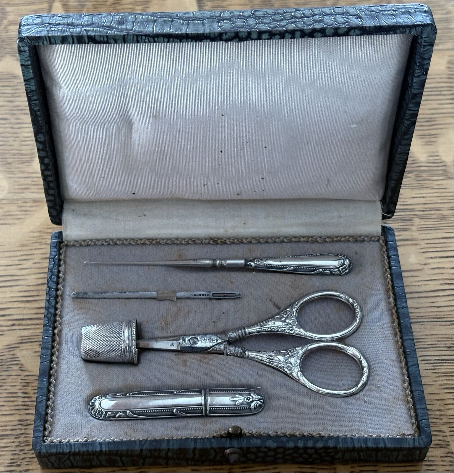 Antique 800 German Sterling Silver Sewing Case Set Tools