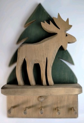 Country Wooden Moose On Evergreens Wall Pegs Classic Cabin 11'' Tall 7'' Wide