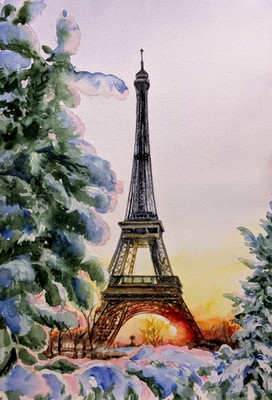 Eiffel Tower Winter Watercolor Paris Sunset Painting Travel Gift Original А4Art