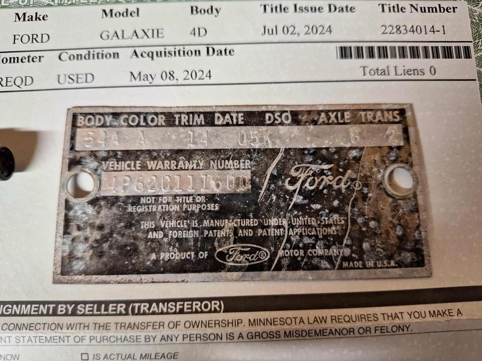 Ford Galaxie 500 1964 sedán de 4 puertas etiqueta y papel Foto 2 de 2