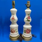 VTG Milk Glass Table Lamps HP Floral Roses Brass Metal Bases Gold Accents Tested