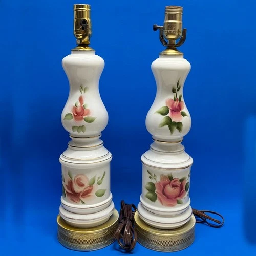 VTG Milk Glass Table Lamps HP Floral Roses Brass Metal Bases Gold Accents Tested