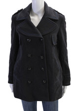 Reiss Womenms Double Breasted Button Down Pea Coat Navy Blue Wool Size Small