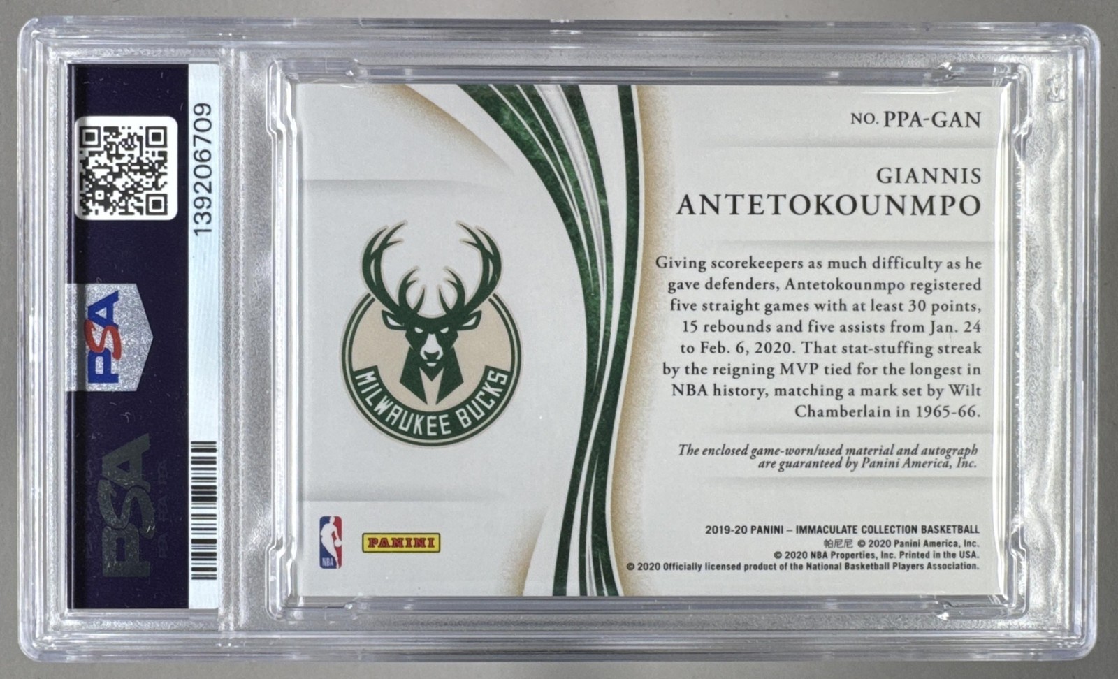 Giannis Antetokounmpo 2019 Immaculate Platinum Premium GU Patch Auto 1/1 PSA 8 view 2