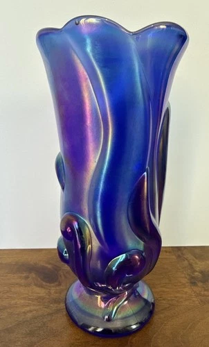 RARE Vintage Fenton 8 In. Stylized Vase Iridescent Carnival Cobalt Blue