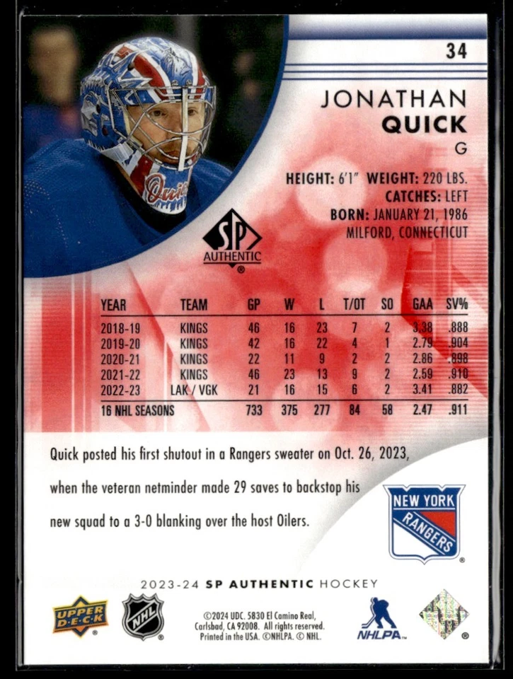 2023-24 SP Authentic Limited red Jonathan Quick #34 - Image 2 of 2