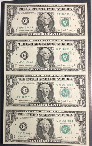 1988 $1.00 Uncut Sheet Of 4 Chicago District Federal Reserve Notes