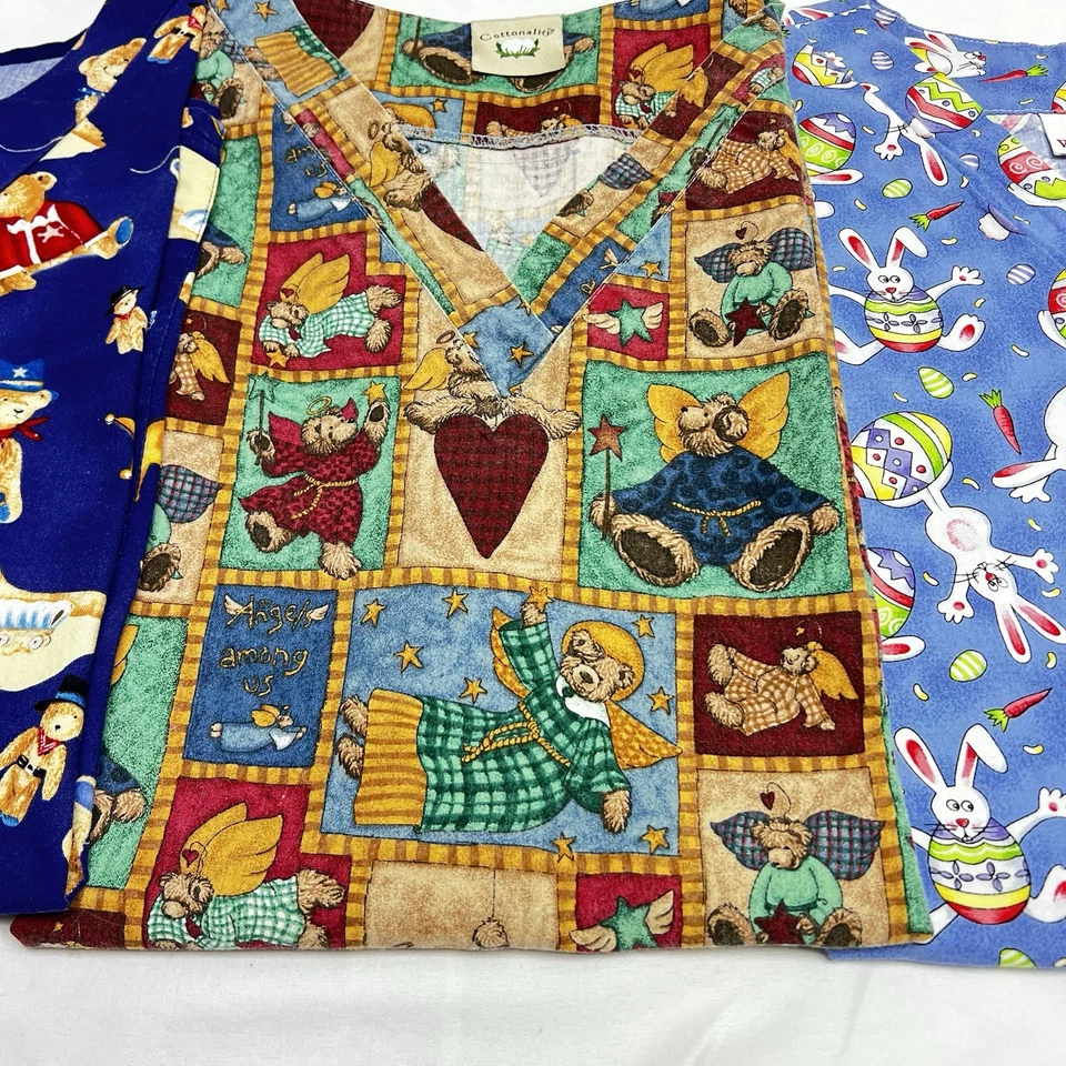 Vintage Scrub Tops Lot of 3 Size M Pockets Easter Bunny Angel Bear Sheriff Bear - Image 3 of 4