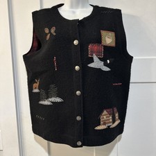 Woolrich Womens Vest L Black Wool Log Cabin Moose Tree Goose Acorn Fall