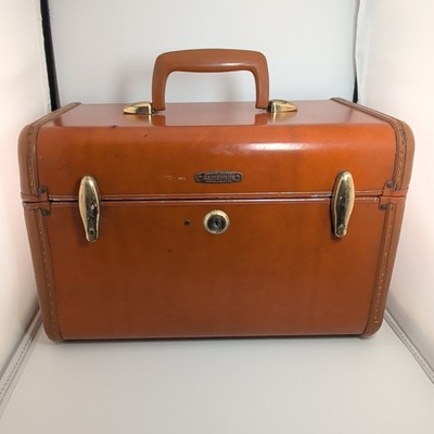 Vintage Samsonite Train Case Makeup Cosmetic Box Hard Shell Brown w Mirror NoKey