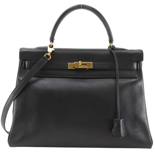 HERMES Kelly 35 Handbag 2WAYShoulder black/Gold Hardware Box carf Women