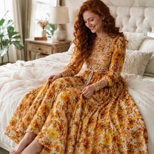 Zimmermann Raie Smocked Body Midi Dress Size 0 AU 8 US 4 Cotton Floral Belted