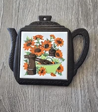 Grandma's cast iron kitchen trivet ceramic floral tile Teapot / Cottage 