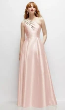 Alfred Sung Blush Pink Floral Applique One-Shoulder Satin Gown Size 14 $289 D873
