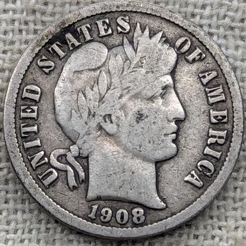 1908 D Barber Dime VG/F : Very Good to Fine, Lower Mintage 7.5M - .9 Fine Silver