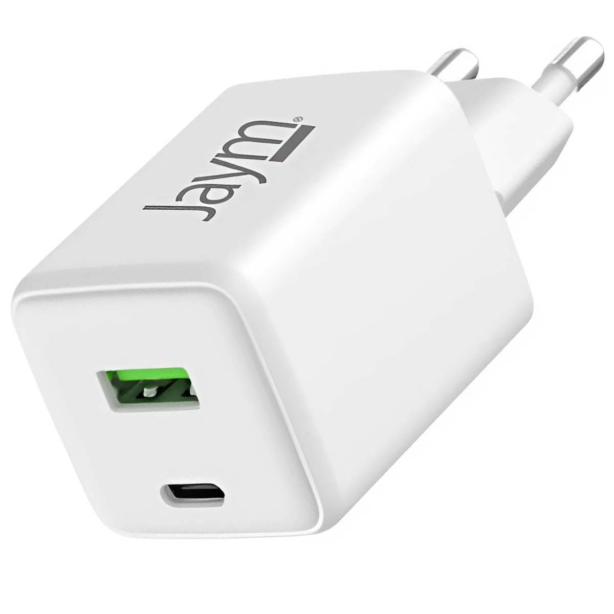 Chargeur GaN 30W USB-C et USB-A blanc compact de Jaym pour smartphone