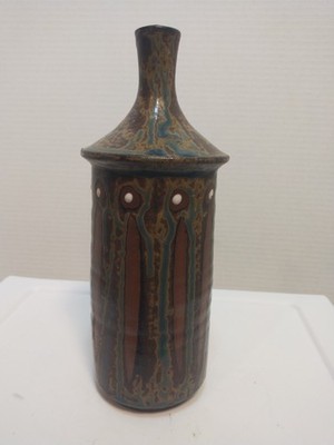 MCM Fuyu Japanese Pottery Hat Bud Vase Brown / Green/ White Dots 8 Inch