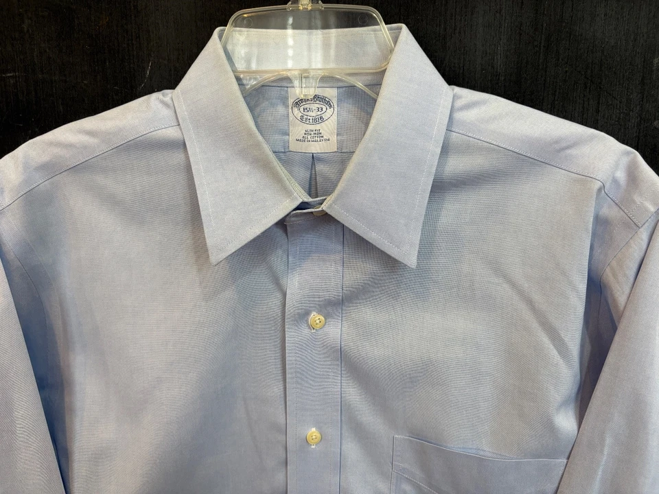 Camisa de vestir Brooks Brothers para hombre 15,5-33 calce ajustado azul liso sin planchar todo algodón Foto 4 de 4