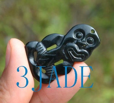  Natural Black Nephrite Jade Maori Hei Tiki Pendant Necklace New Zealand Art
