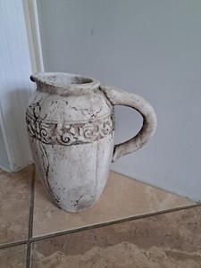 Grey White Pitcher Flower Vase with Handle, Large Rustic Farmhouse Jug  Heavy 11