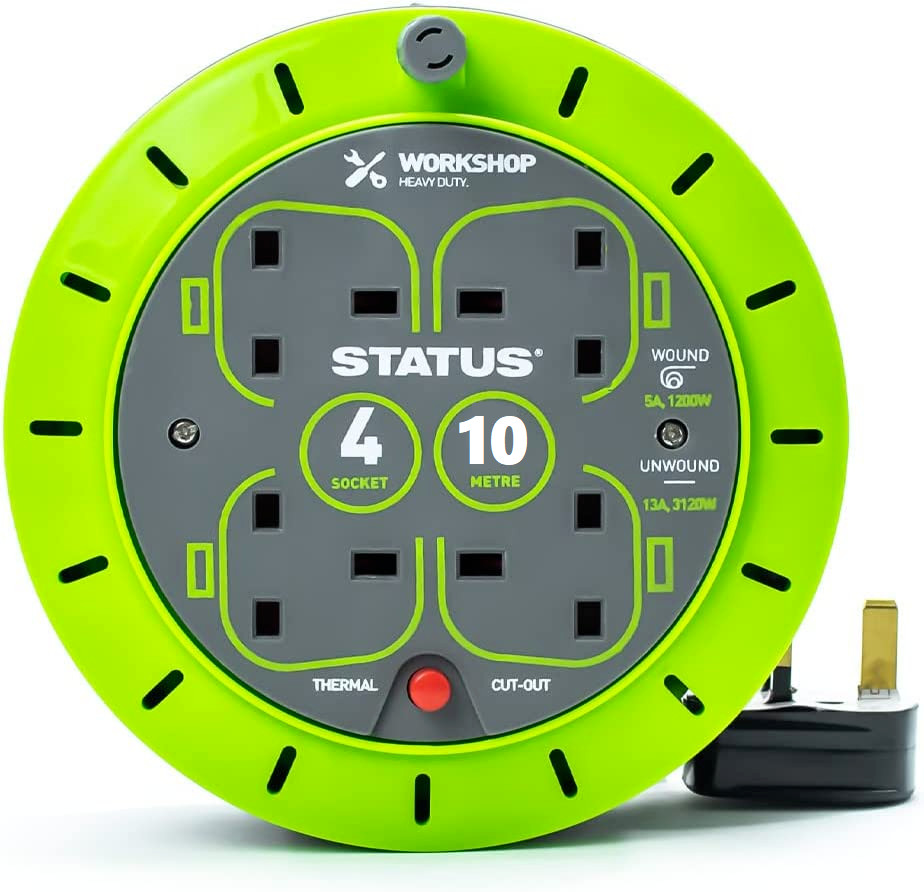 STATUS 10M  4 SOCKET DURABLE GREEN LEAD CASSETTE REEL 13 AMP THERMAL CUT OUT