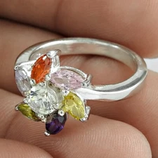 Christmas Gift Multi Color Cubic Zirconia Ring Size 8 Real 925 Sterling Silver