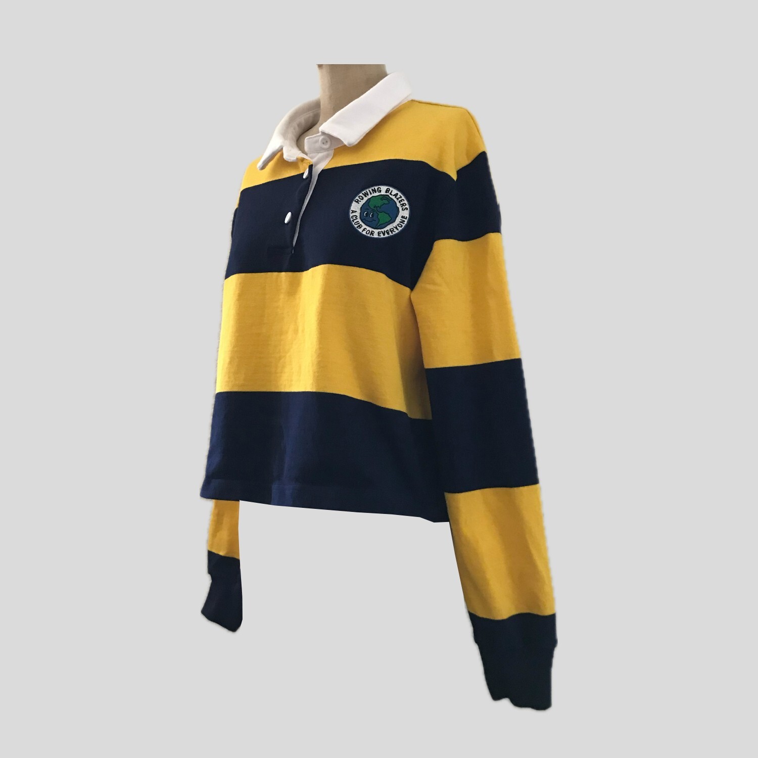 FILA Blazer canottaggio giallo blu a righe cotone ritagliato preppy rugby camicia top XL L