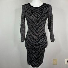 EXPRESS Dress Womens Medium Black Silver Metallic Bodycon Lace Up Jacquard Heavy