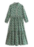 Maxi Dress Ladies Women Geometric Print Pleated Design Green Or Black