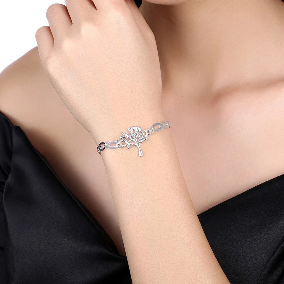 925 Versilbert Baum Herz Armreif Armband Offen Manschette Ins Graviert Liebe - Bild 4 von 4