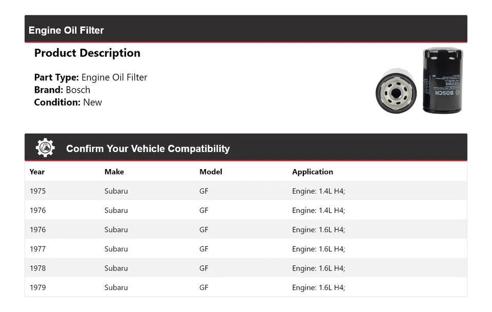 Filtro de aceite de motor Bosch 1975-1979 Subaru GF 1976 1977 1978 Foto 2 de 3