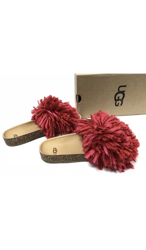 UGG CINDI YARN FRINGE CORK SOLE SLIDE SANDALS RIBBON RED US 5.5/UK 3.5