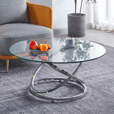 90cm Round Coffee Table Clear Tempered Glass Top Chrome Leg Living Room Table