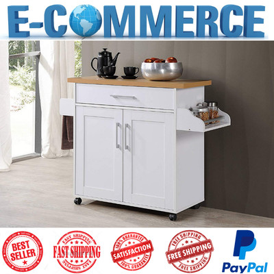 Roll Kitchen Island Wood White With Towel Spice Rack Table Cart