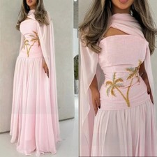 Middle Eastern Evening Pink Prom Dresses Embroidered Linen Gowns Removable