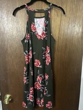 Nine Britton Women's Medium Sleeveless Sundress Forest Green With Rose Floral