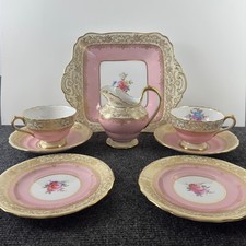 Vintage Pink Gold Floral Porcelain Tea Set Cups Saucers Creamer Serving Tray 7pc