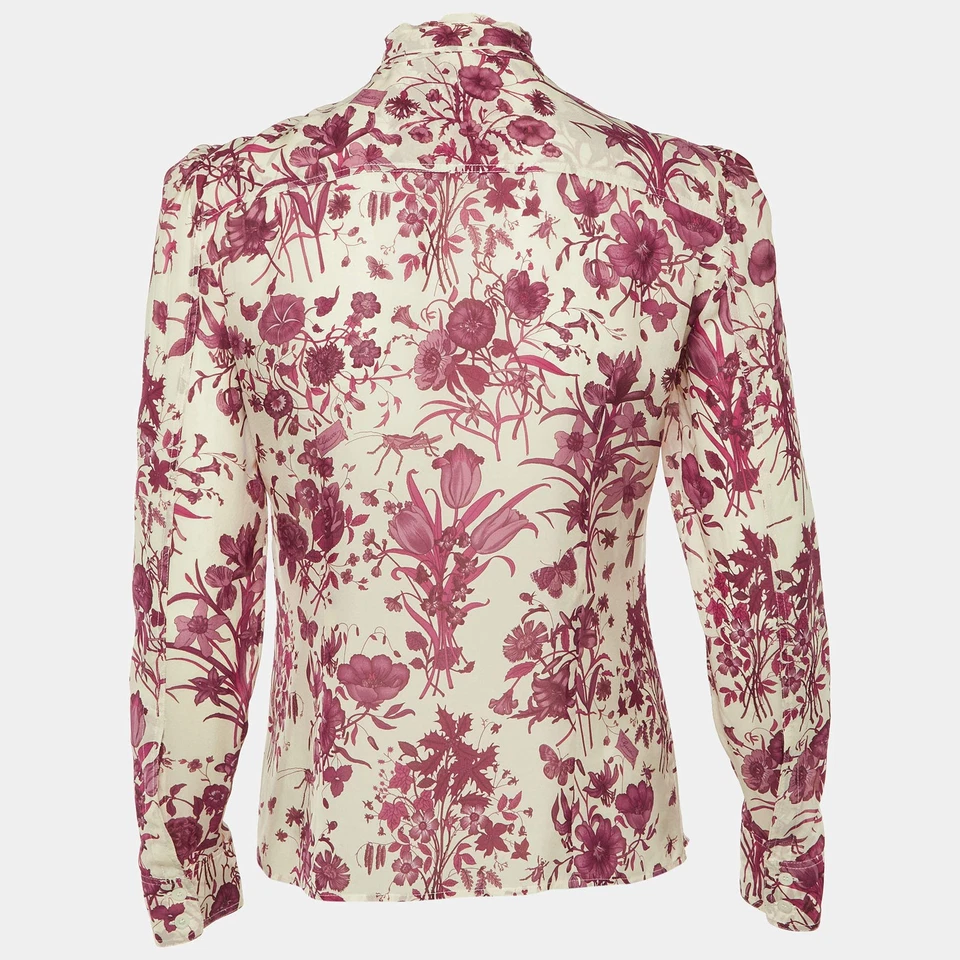 古驰粉色花卉印花丝绸纽扣前衬衫 S — 第 2/4 张图片