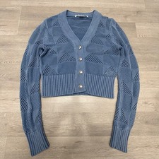 Veronica Beard Mirembe Cardigan Womens S Blue Cropped Openwork Knit Sweater