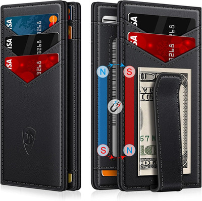 Slim Leather RFID Wallet Men Magnetic Closure ID Window Minimalist Card Holder