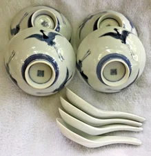 Set of 4 Porcelain Asian Rice Soup Bowls w Spoons Crane Design