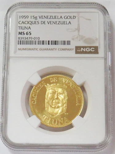 1959 GOLD VENEZUELA TIUNA CACIQUES CHIEF 15 GRAM NGC MS 65