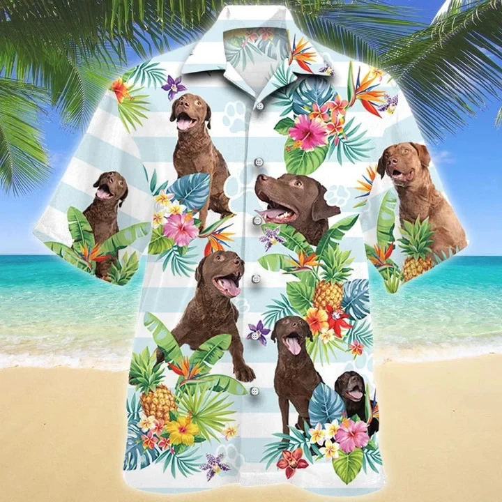 Chesapeake Bay Retriever Dog Tropical Flower Paw Hawaiian Shirt Summer Button