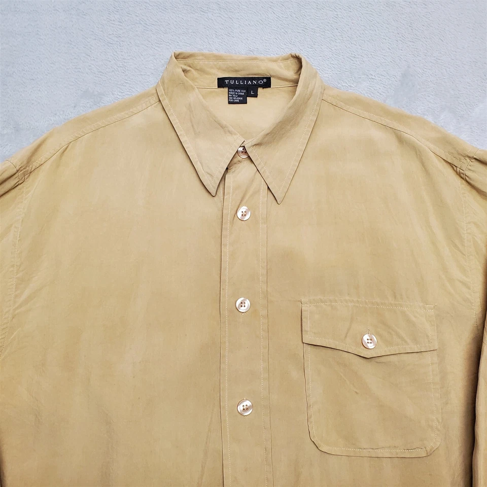 Camisa Tulliano Para Hombre Marrón Claro 100% Seda Pura Manga Larga Informal Foto 2 de 4